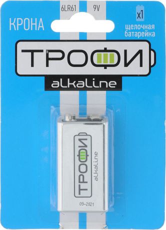 Батарейка алкалиновая "Трофи", тип крона 6LR61 (1BL), 9В
