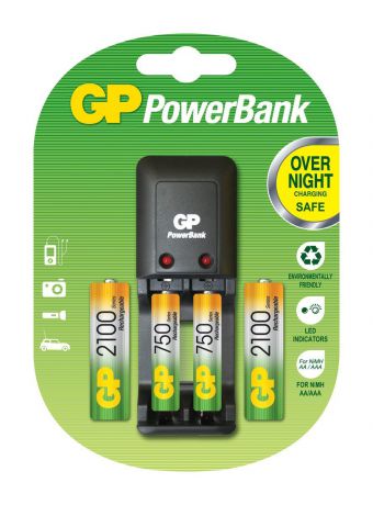 Зарядное устройство для аккумуляторов "GP Batteries" + 2 АА (2100 mAh) + 2 ААА (750 mAh)