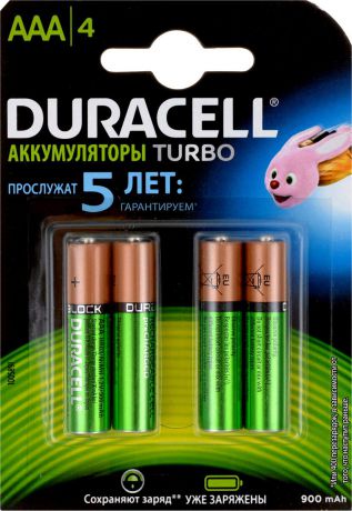 Аккумуляторная батарейка Duracell "Recharge Turbo", ААА 900 mAh, 4 шт