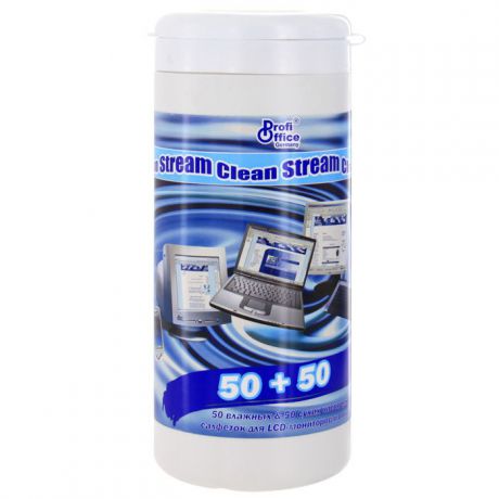 Чистящие салфетки для LCD-мониторов и оптики ProfiOffice "Clean Stream", 50 шт влажных + 50 шт сухих