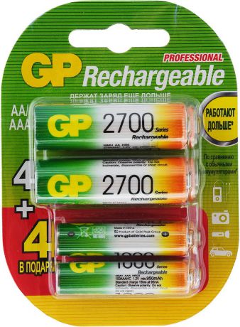 Набор аккумуляторов GP Batteries, тип АА, 2700mAh + ПОДАРОК: 4 аккумулятора GP Batteries, тип ААА, 1000mAh