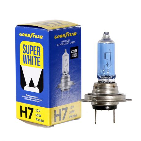 Лампа автомобильная галогенная Goodyear "Super White", Н7, 12V, цоколь PX26d, 55W. GY017126