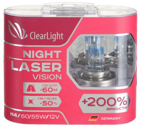 Лампа автомобильная галогенная Clearlight "Night Laser Vision +200% Light", цоколь H4, 12V, 60/55W, 2 шт