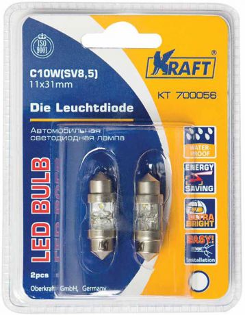 Лампа автомобильная светодиодная Kraft "Basic", C10W (SV8,5), 11x31, white, 2 LEDs , 2 шт