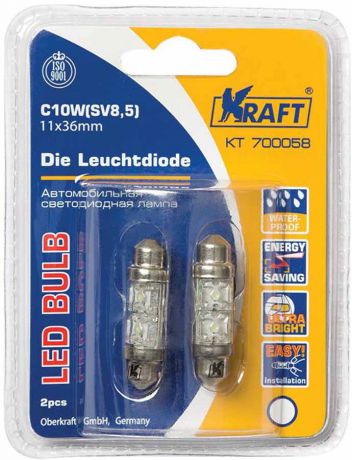 Лампа автомобильная светодиодная Kraft "Basic", C10W (SV8,5), 11 x 36 мм, White, 2 LEDs, 2 шт