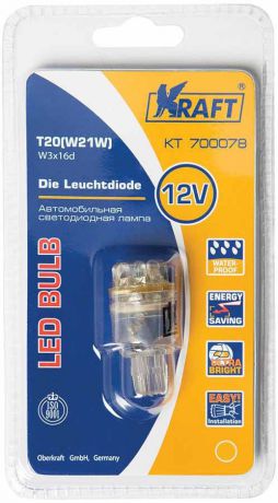 Лампа автомобильная светодиодная Kraft "Basic", T20 W21W (W3x16d), 12V, Yellow, 9 LEDs