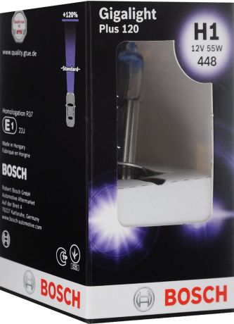Лампа галогеновая Bosch "H1. Gigalight +120", с эффектом ксенонового света, 12V, 55W, 1 шт