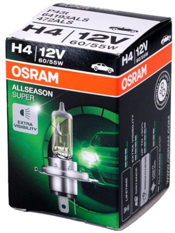 Лампа галогенная Osram H4 Allseason 12V, 60/55W, 3200 К, 1 шт