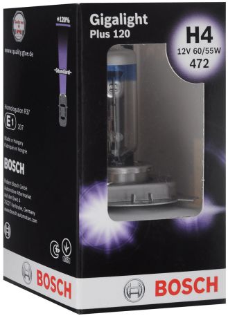 Лампа галогеновая Bosch "H4. Gigalight +120", с эффектом ксенонового света, 12V, 60/55W, 1 шт