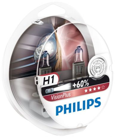 Лампа автомобильная галогенная Philips "VisionPlus", для фар, цоколь H1 (P14,5s), 12V, 55W, 2 шт