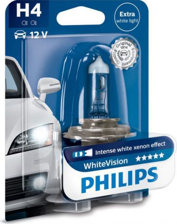 Лампа автомобильная галогенная Philips "WhiteVision", для фар, цоколь H4 (P43t), 12V, 60/55W