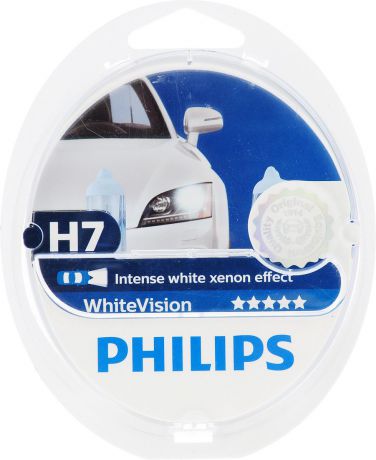 Галогенная автомобильная лампа Philips White Vision 3700K H7 12V-55W абсолютно белый свет +W5W 12V-5W W2,1x9,5d WHV по 2 шт. 12972WHVSM