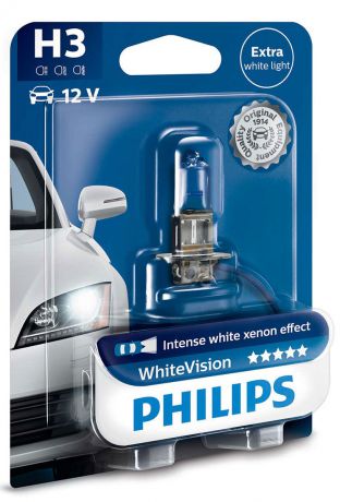 Лампа автомобильная галогенная Philips "WhiteVision", для фар, цоколь H3 (PK22s), 12V, 55W