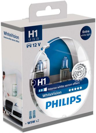 Лампа автомобильная галогенная Philips "WhiteVision", для фар, цоколь H1 (P14.5s), 12V, 55W, 2 шт + цоколь W5W, 12V, 5W, 2 шт