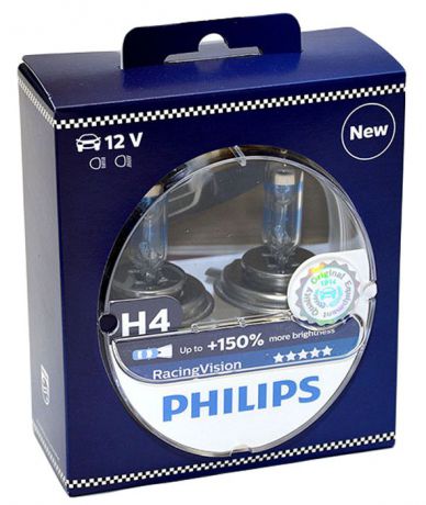Лампа автомобильная галогенная Philips "RacingVision +150", цоколь H4, 60 Вт, 2 шт