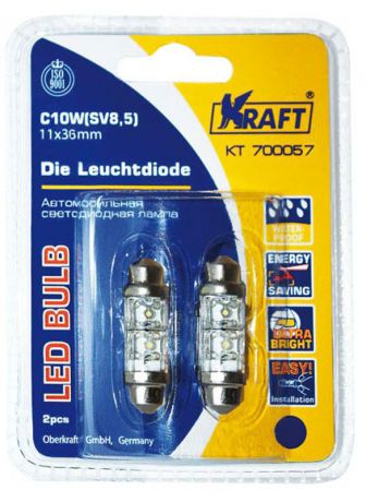 Лампа автомобильная светодиодная Kraft "Basic", цоколь C10W (SV8,5), 11 x 36, 2 LEDs, 2 шт