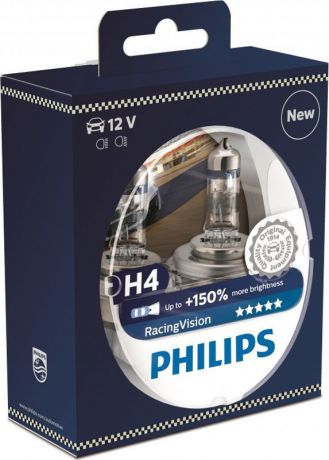 Лампа автомобильная Philips "Racing Vision", H4 12V 60/55W, 2 шт