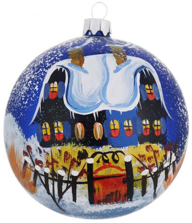 Новогоднее подвесное украшение "Синий дом красная калитка", диаметр 10 см. Ручная роспись