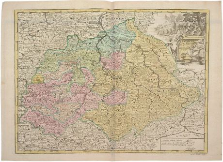 Георграфическая карта Саксонии (Saxonia). Раскрашенная гравюра. Западная Европа, 1680 - 1690 гг