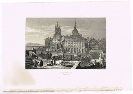Вид на ратушу и собор Лозанны, Швейцария - 15. Гравюра. Западная Европа, 1829 год