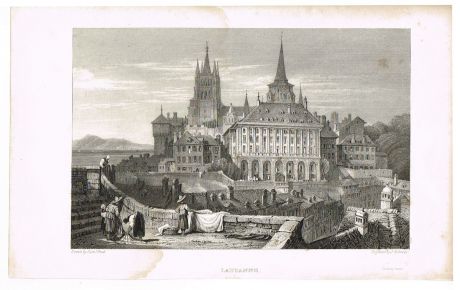 Вид на ратушу и собор Лозанны, Швейцария - 4. Гравюра. Западная Европа, 1829 год