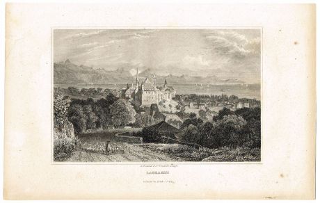 Вид на собор Лозанны со стороны гор, Швейцария - 13. Гравюра. Германия, Carlsruhe im Kunst-Verlag, 1835 год