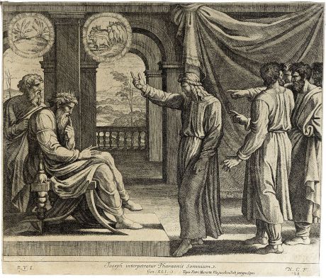 Иосиф толкует сон фараона. Резцовая гравюра. Франция, около 1645 года