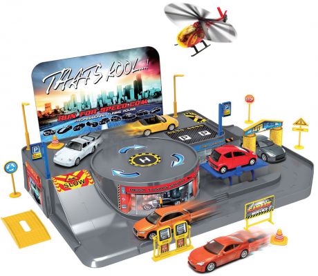 Welly Игровой набор Гараж с 3 машинами и вертолетом 96010