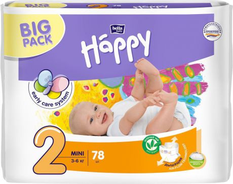 Bella Подгузники для детей "Baby Happy", размер Mini 2 (3-6 кг), 78 шт