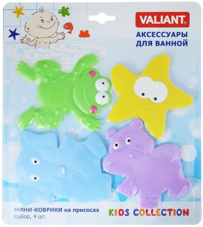 Valiant Мини-коврик для ванной комнаты Веселые зверюшки на присосках 4 шт