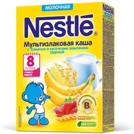 Nestle мультизлаковая с бананом и земляникой каша молочная, 220 г