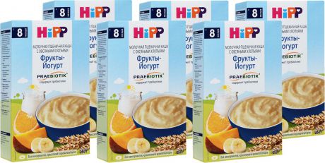 Hipp каша молочная пшеничная с овсяными хлопьями с фруктами и йогуртом с пребиотиками, с 8 месяцев, 6 шт по 250 г