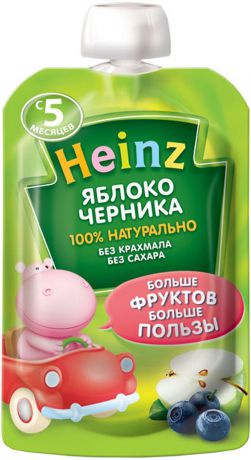 Heinz пюре яблоко, черника, с 5 месяцев, 90 г (пауч)