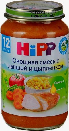 Hipp пюре овощная смесь с лапшой и цыпленком, с 12 месяцев, 220 г