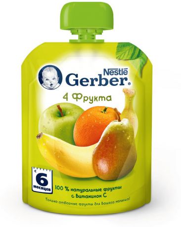 Пюре Gerber "4 фрукта" фруктовое, с 6 месяцев, 90 г