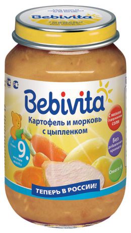 Bebivita пюре картофель и морковь с цыпленком, с 9 месяцев, 190 г