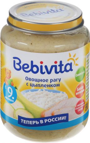Bebivita пюре овощное рагу с цыпленком, с 9 месяцев, 190 г