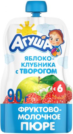Пюре фруктово-молочное с 6 месяцев Агуша Яблоко-Клубника-Творог, 90 г