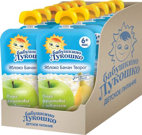 Пюре Бабушкино Лукошко яблок и бананов с творогом, с 6 месяцев, 12 шт х 90 г
