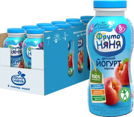 Йогурт питьевой ФрутоНяня, обогащенный пребиотиками и пробиотиками, с персиком, 2,5%, 12 шт по 200 мл