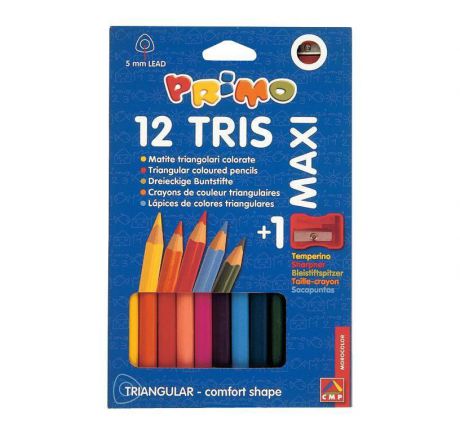 Цветные карандаши деревянные треугольные макси 12 цветов грифель d5мм + 2 точилки + ластик