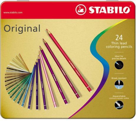 Набор цветных карандашей с тонким грифелем STABILO Original для графиков, художников 24 цв, металлический футляр