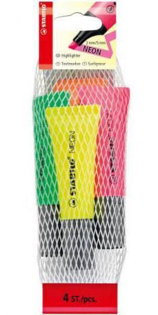Текстовыделитель STABILO NEON 4шт в сетке-блистере, цвет: желтый, зеленый, оранжевый, розовый.