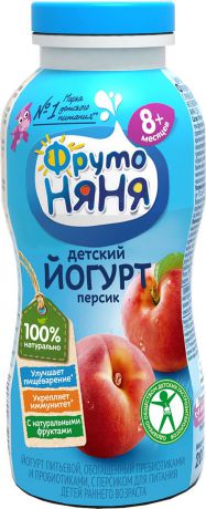 Йогурт питьевой ФрутоНяня, обогащенный пребиотиками и пробиотиками, с персиком, 2,5%, 200 мл