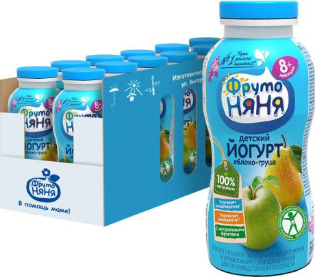 Йогурт питьевой ФрутоНяня, обогащенный пребиотиками и пробиотиками, с яблоком и грушей, 2,5%, 12 шт по 200 г