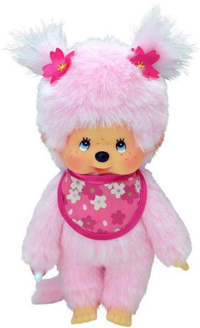 Мягкая игрушка Monchhichi "Девочка с розовой шерсткой в слюнявчике сакура", 20 см