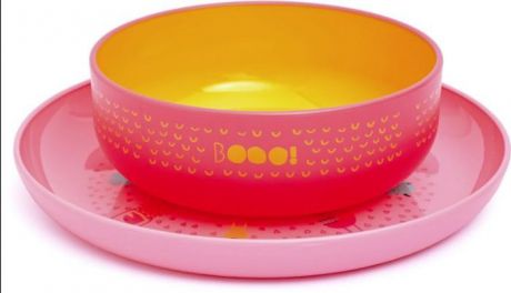 Набор посуды для кормления Suavinex Booo, от 4 месецев: тарелка + миска, цвет: розовый