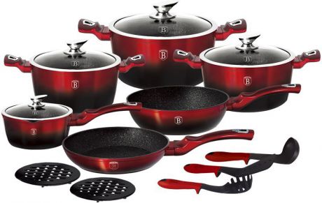 Набор посуды Berlinger Haus "Metallic Line", с антипригарным покрытием, цвет: красный, черный, 15 предметов