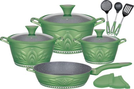 Набор посуды Winner Green Princess с антипригарныи покрытием под мрамор, 12 предметов. WR-1303