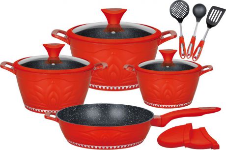 Набор посуды Winner Red Princess с антипригарныи покрытием под мрамор, 12 предметов. WR-1307